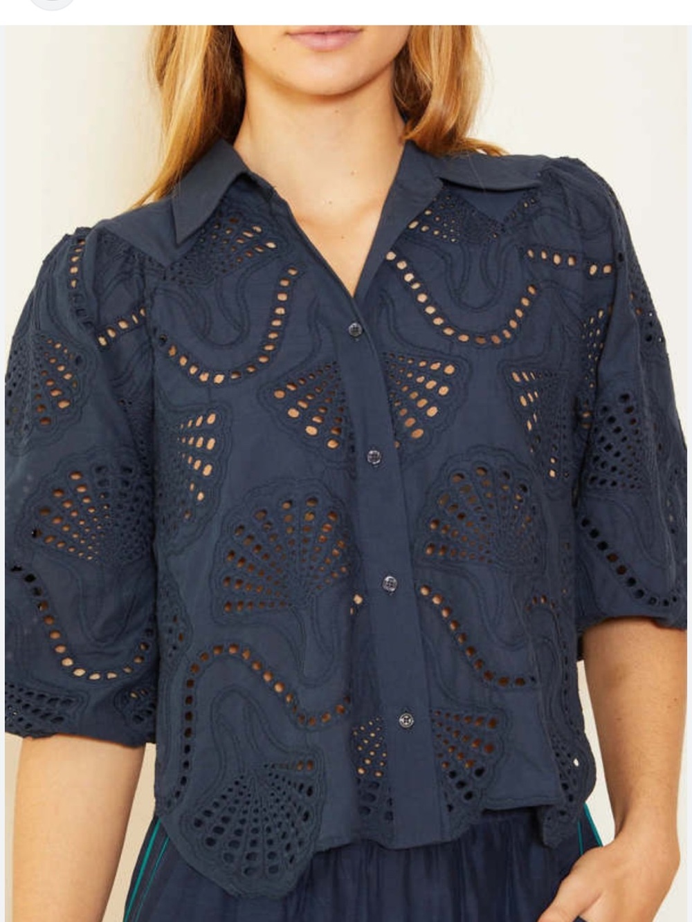 Caballero Navy Juliette Navy Lace Button-Front Women's Top Size Med